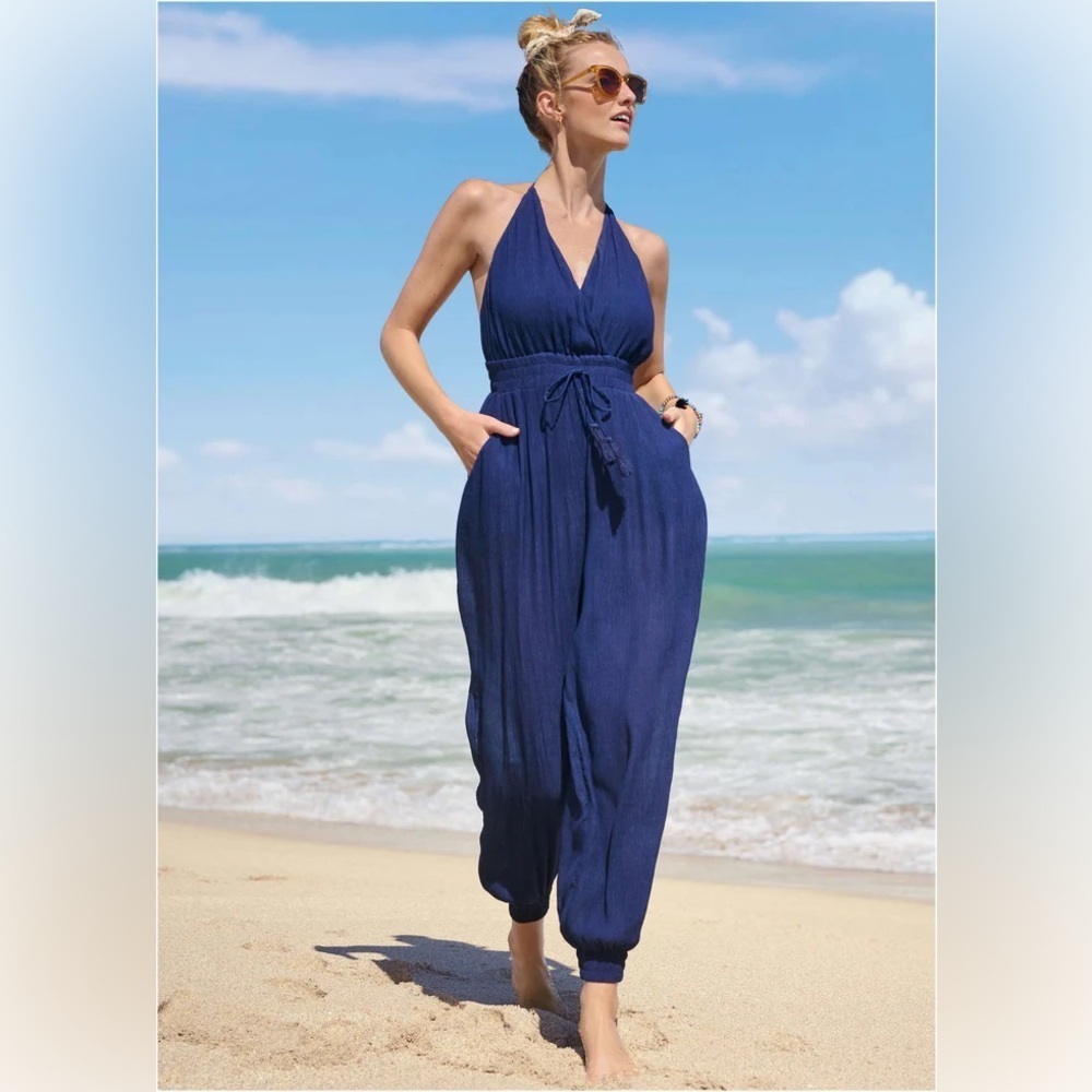 VENUS Elegant Blue Halter Jumpsuit